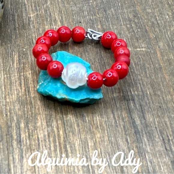Pearl coral bohemian ring beaded handmade - Picture 1 of 3